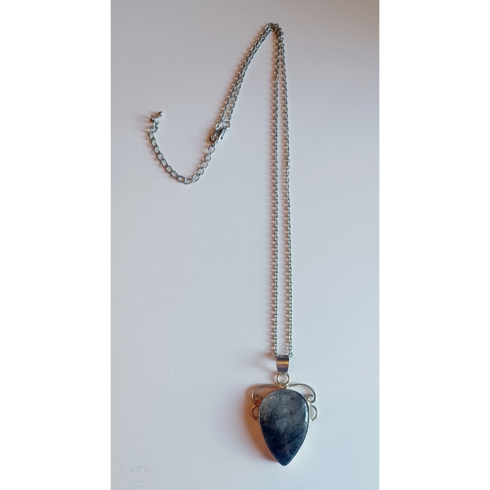 Sterling Silver 925 & Natural Iolite Artisan Reverse Teardrop Pendant Necklace